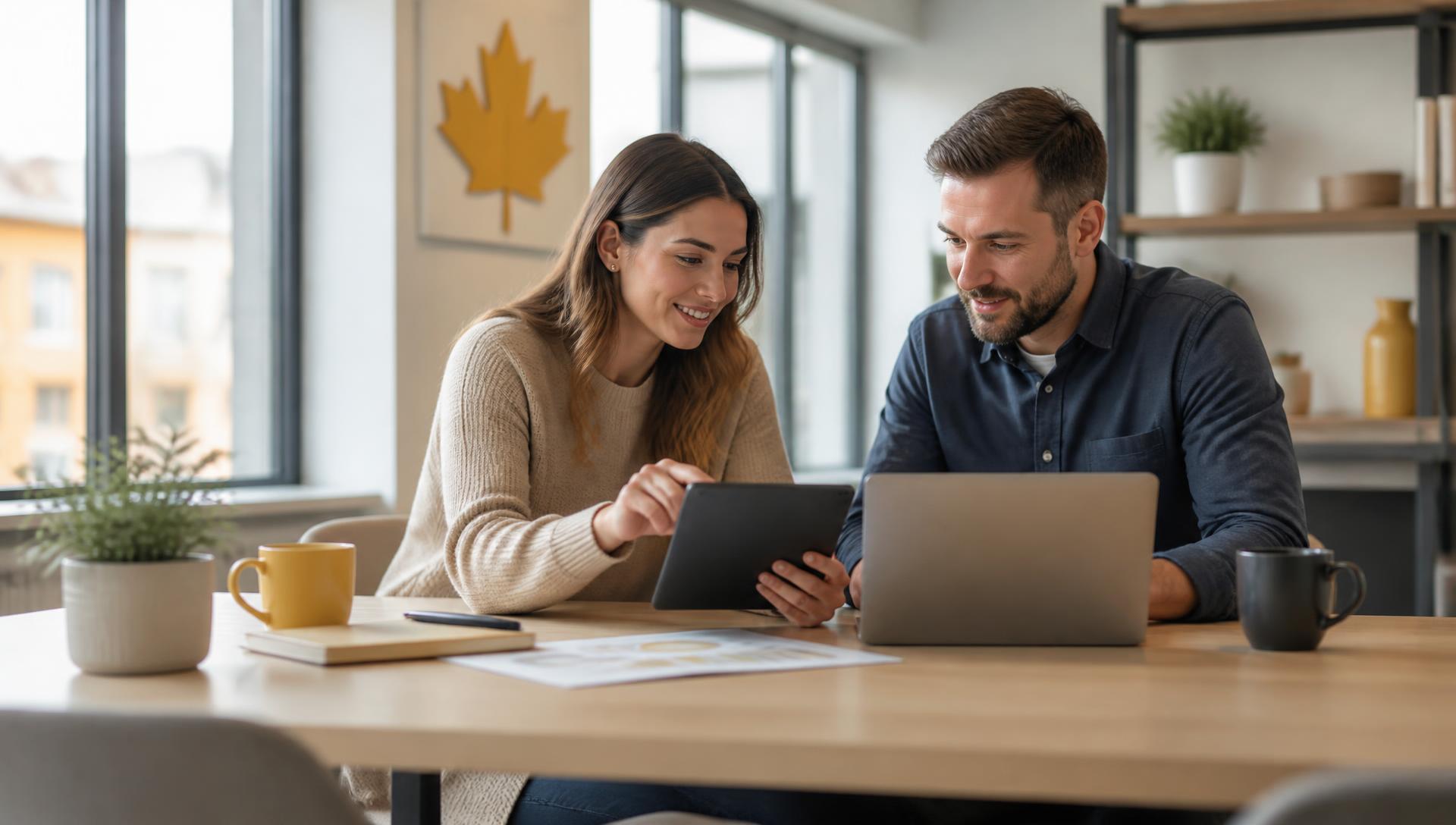 Two colleagues reviewing business technology results together